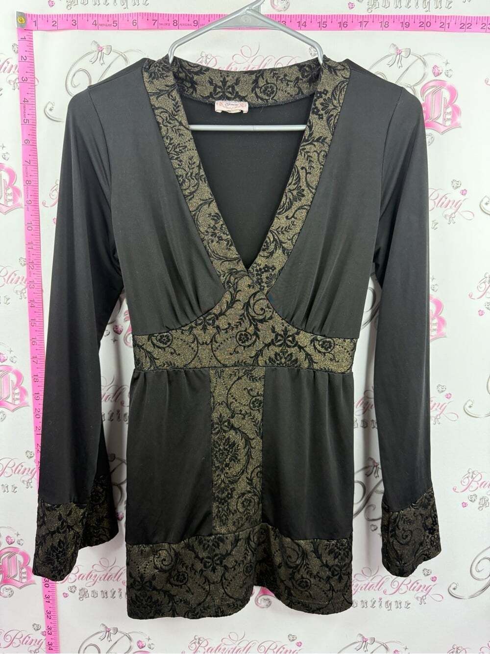 GEMINI y2k top tie up floral V-Neck Long Sleeve Tunic with Ornate Trim - Black